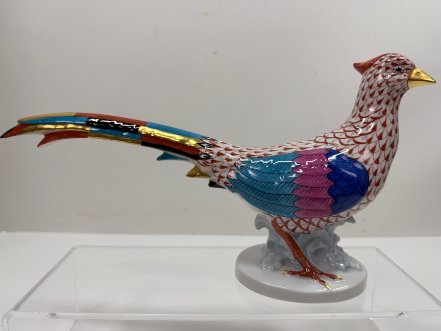 Herend Hand-Painted Porcelain Pheasant Figurine In Rust Fishnet Pattern With Multi-Colored Wings And Gold Accents 12'W X 3'D X 6.5'H (RSF) [Photo 2]