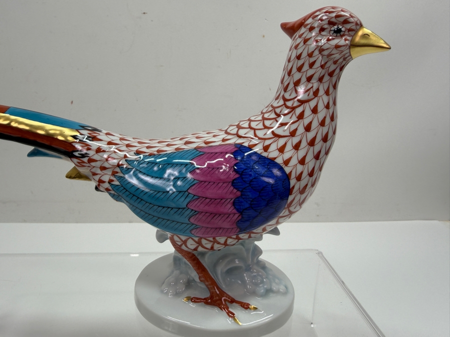 Herend Hand-Painted Porcelain Pheasant Figurine In Rust Fishnet Pattern With Multi-Colored Wings And Gold Accents 12'W X 3'D X 6.5'H (RSF) [Photo 3]