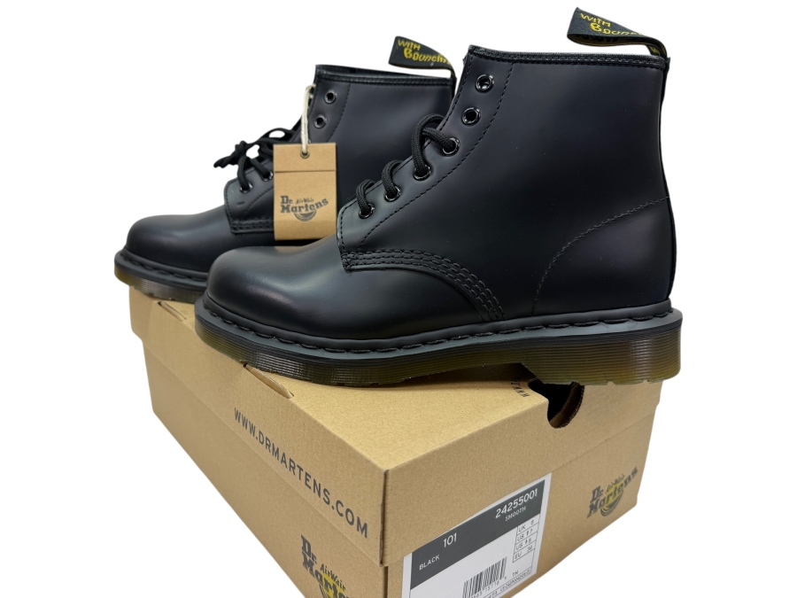 New In Box - Dr. Martens 101 Smooth Leather 6-Eye Ankle Boots In Black, US Women's 8 / US Men's 7 (HA)