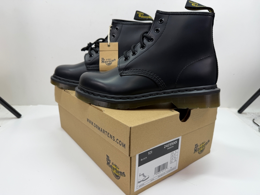 New In Box - Dr. Martens 101 Smooth Leather 6-Eye Ankle Boots In Black, US Women's 8 / US Men's 7 (HA) [Photo 2]