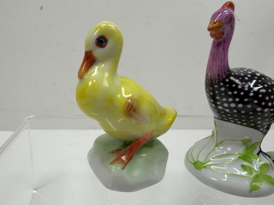 Lot of (3) Hand-Painted Herend Porcelain Figurines Of Yellow Duckling, Guinea Fowl, And Butterfly On A Leaf 1.5'H - 2.75'H (RSF) [Photo 4]