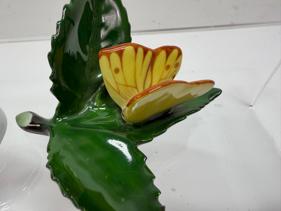 Lot of (3) Hand-Painted Herend Porcelain Figurines Of Yellow Duckling, Guinea Fowl, And Butterfly On A Leaf 1.5'H - 2.75'H (RSF) [Photo 6]