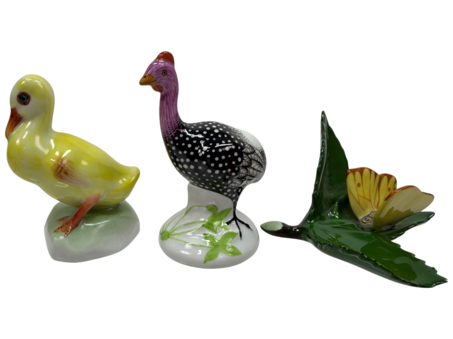 Lot of (3) Hand-Painted Herend Porcelain Figurines Of Yellow Duckling, Guinea Fowl, And Butterfly On A Leaf 1.5'H - 2.75'H (RSF)