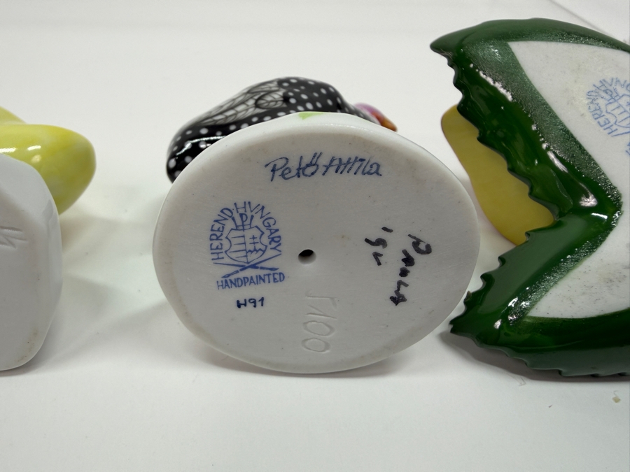Lot of (3) Hand-Painted Herend Porcelain Figurines Of Yellow Duckling, Guinea Fowl, And Butterfly On A Leaf 1.5'H - 2.75'H (RSF) [Photo 10]