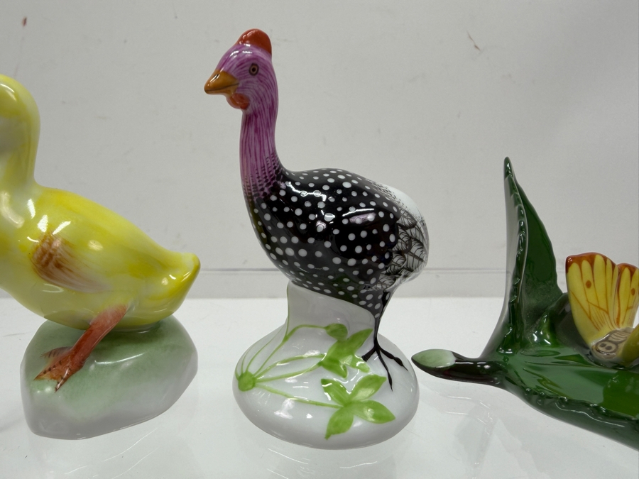 Lot of (3) Hand-Painted Herend Porcelain Figurines Of Yellow Duckling, Guinea Fowl, And Butterfly On A Leaf 1.5'H - 2.75'H (RSF) [Photo 3]