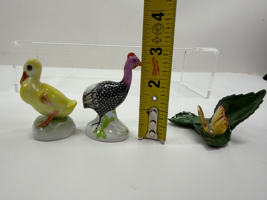 Lot of (3) Hand-Painted Herend Porcelain Figurines Of Yellow Duckling, Guinea Fowl, And Butterfly On A Leaf 1.5'H - 2.75'H (RSF) [Photo 12]