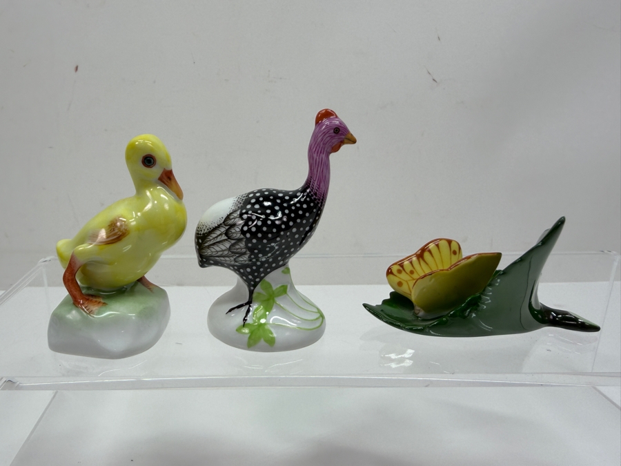 Lot of (3) Hand-Painted Herend Porcelain Figurines Of Yellow Duckling, Guinea Fowl, And Butterfly On A Leaf 1.5'H - 2.75'H (RSF) [Photo 7]