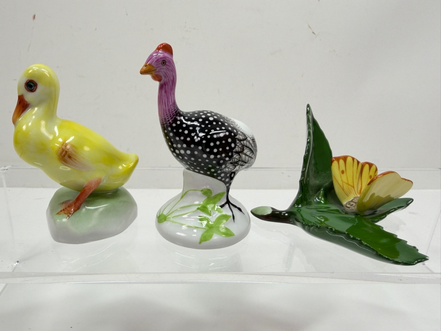Lot of (3) Hand-Painted Herend Porcelain Figurines Of Yellow Duckling, Guinea Fowl, And Butterfly On A Leaf 1.5'H - 2.75'H (RSF) [Photo 2]