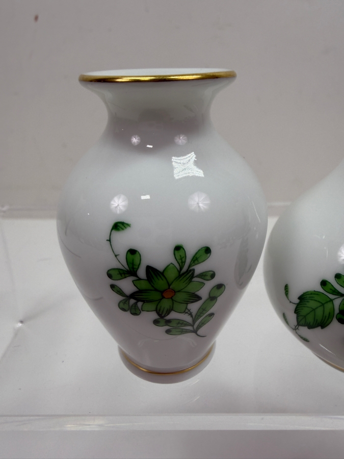 Set Of (3) Herend Chinese Bouquet Green Apponyi Hand-Painted Porcelain Miniature Bud Vases With 24-Karat Gold Accents Including Bulbous, Long-Neck Bottle, and Scalloped Trumpet Shapes 2.75'H - 3.5'H (RSF) [Photo 5]