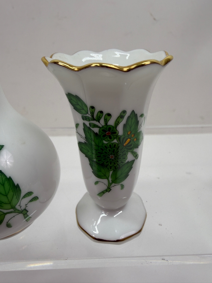Set Of (3) Herend Chinese Bouquet Green Apponyi Hand-Painted Porcelain Miniature Bud Vases With 24-Karat Gold Accents Including Bulbous, Long-Neck Bottle, and Scalloped Trumpet Shapes 2.75'H - 3.5'H (RSF) [Photo 4]