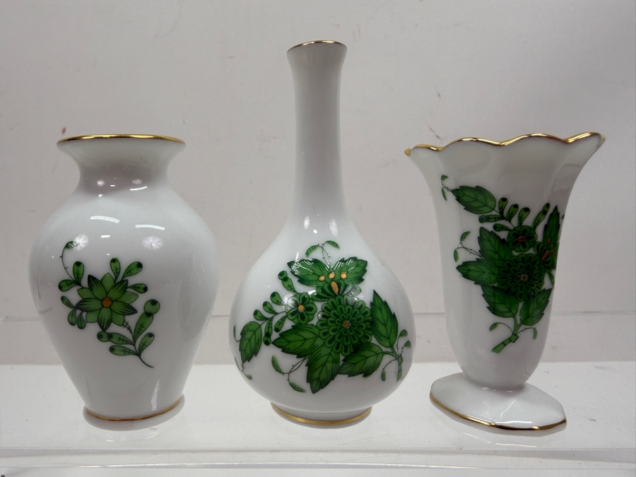 Set Of (3) Herend Chinese Bouquet Green Apponyi Hand-Painted Porcelain Miniature Bud Vases With 24-Karat Gold Accents Including Bulbous, Long-Neck Bottle, and Scalloped Trumpet Shapes 2.75'H - 3.5'H (RSF) [Photo 2]