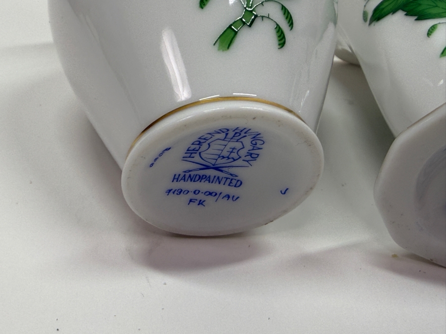 Set Of (3) Herend Chinese Bouquet Green Apponyi Hand-Painted Porcelain Miniature Bud Vases With 24-Karat Gold Accents Including Bulbous, Long-Neck Bottle, and Scalloped Trumpet Shapes 2.75'H - 3.5'H (RSF) [Photo 10]