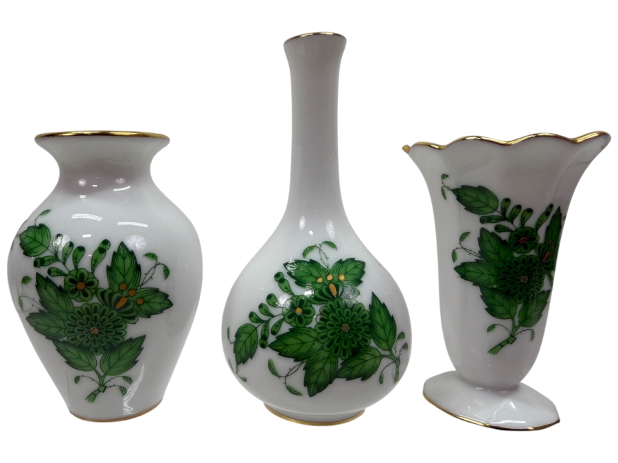 Set Of (3) Herend Chinese Bouquet Green Apponyi Hand-Painted Porcelain Miniature Bud Vases With 24-Karat Gold Accents Including Bulbous, Long-Neck Bottle, and Scalloped Trumpet Shapes 2.75'H - 3.5'H (RSF)