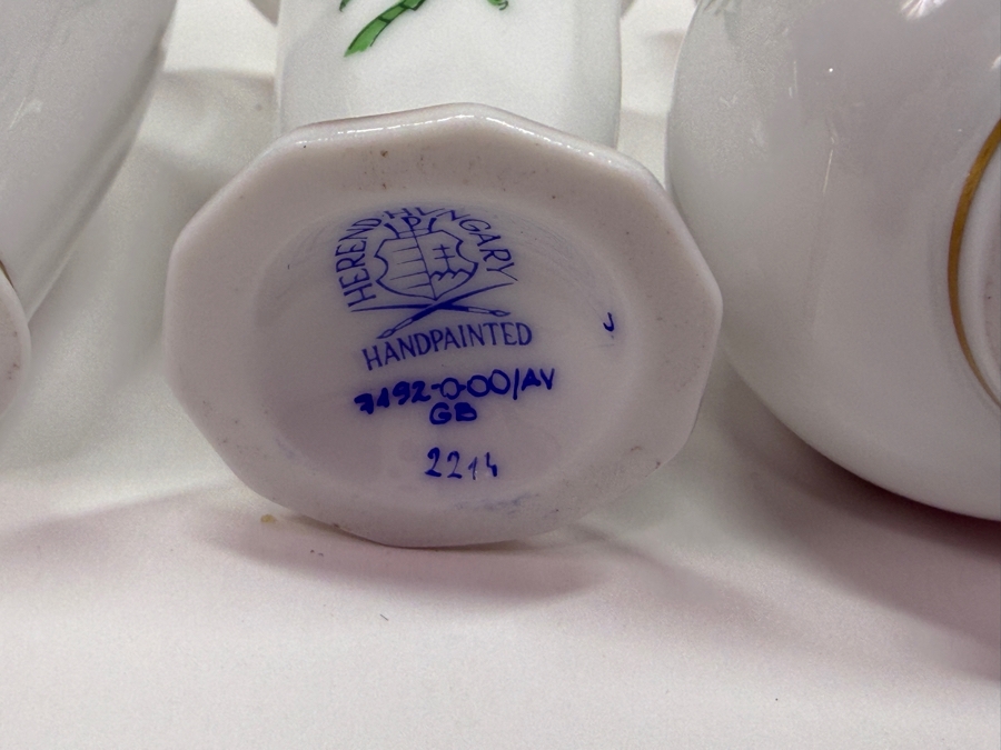 Set Of (3) Herend Chinese Bouquet Green Apponyi Hand-Painted Porcelain Miniature Bud Vases With 24-Karat Gold Accents Including Bulbous, Long-Neck Bottle, and Scalloped Trumpet Shapes 2.75'H - 3.5'H (RSF) [Photo 8]