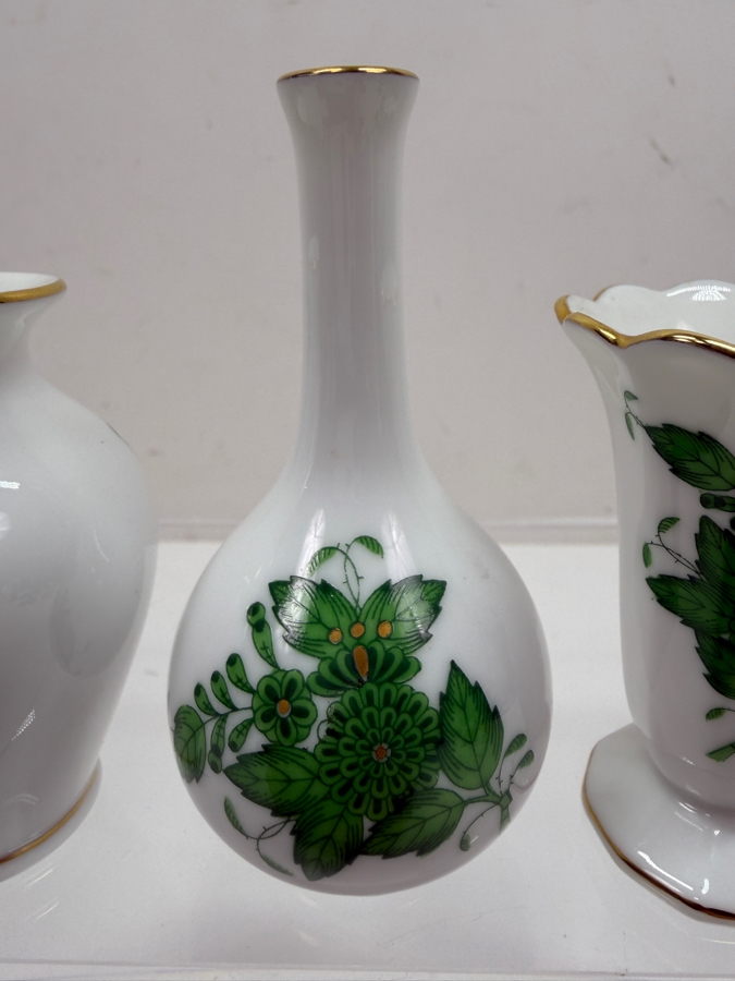 Set Of (3) Herend Chinese Bouquet Green Apponyi Hand-Painted Porcelain Miniature Bud Vases With 24-Karat Gold Accents Including Bulbous, Long-Neck Bottle, and Scalloped Trumpet Shapes 2.75'H - 3.5'H (RSF) [Photo 3]