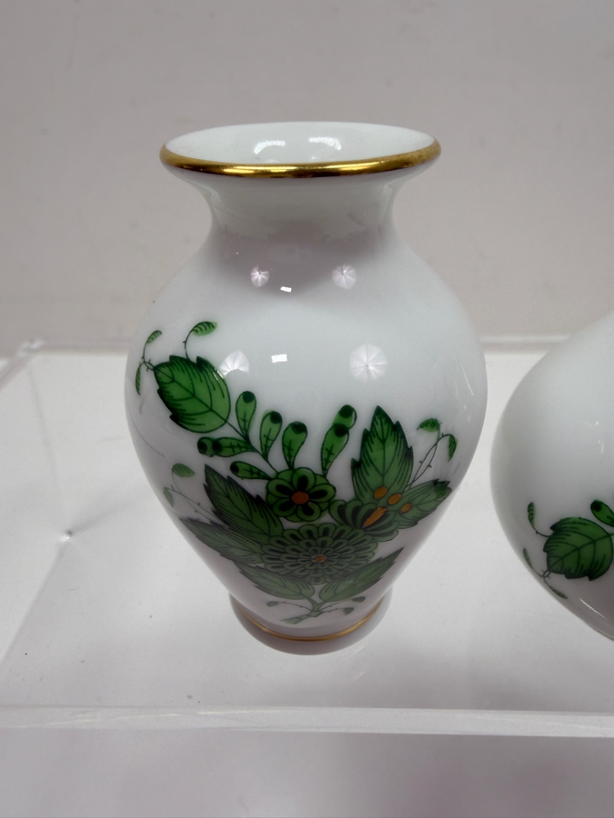 Set Of (3) Herend Chinese Bouquet Green Apponyi Hand-Painted Porcelain Miniature Bud Vases With 24-Karat Gold Accents Including Bulbous, Long-Neck Bottle, and Scalloped Trumpet Shapes 2.75'H - 3.5'H (RSF) [Photo 6]