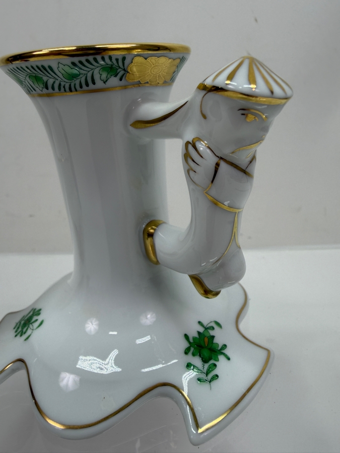 Herend Porcelain Hand-Painted Queen Victoria Mini Creamer And Apponyi Green Chinese Bouquet Trumpet Candlestick With Figural Handle 2'H - 3.5'H (RSF) [Photo 3]