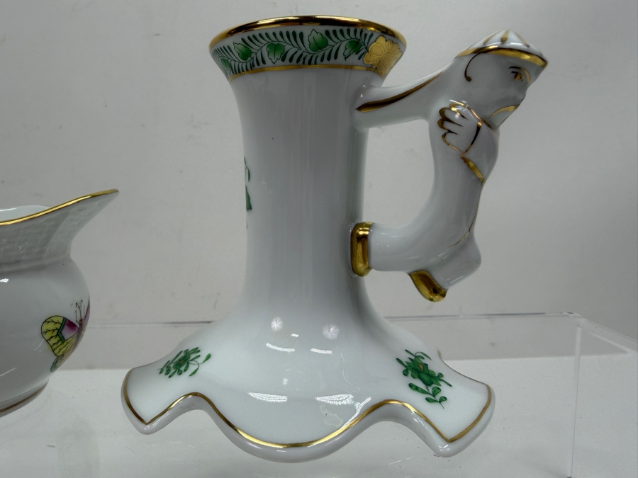 Herend Porcelain Hand-Painted Queen Victoria Mini Creamer And Apponyi Green Chinese Bouquet Trumpet Candlestick With Figural Handle 2'H - 3.5'H (RSF) [Photo 2]
