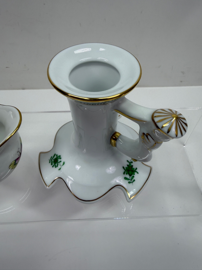Herend Porcelain Hand-Painted Queen Victoria Mini Creamer And Apponyi Green Chinese Bouquet Trumpet Candlestick With Figural Handle 2'H - 3.5'H (RSF) [Photo 4]