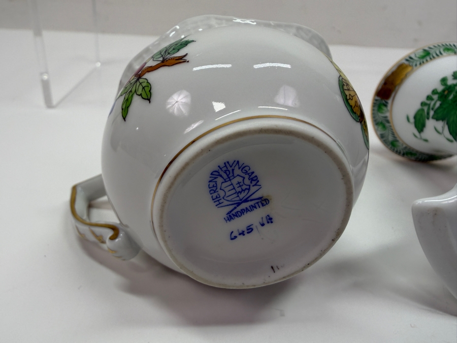 Herend Porcelain Hand-Painted Queen Victoria Mini Creamer And Apponyi Green Chinese Bouquet Trumpet Candlestick With Figural Handle 2'H - 3.5'H (RSF) [Photo 9]