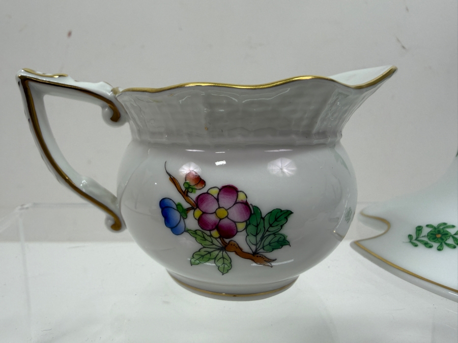 Herend Porcelain Hand-Painted Queen Victoria Mini Creamer And Apponyi Green Chinese Bouquet Trumpet Candlestick With Figural Handle 2'H - 3.5'H (RSF) [Photo 5]