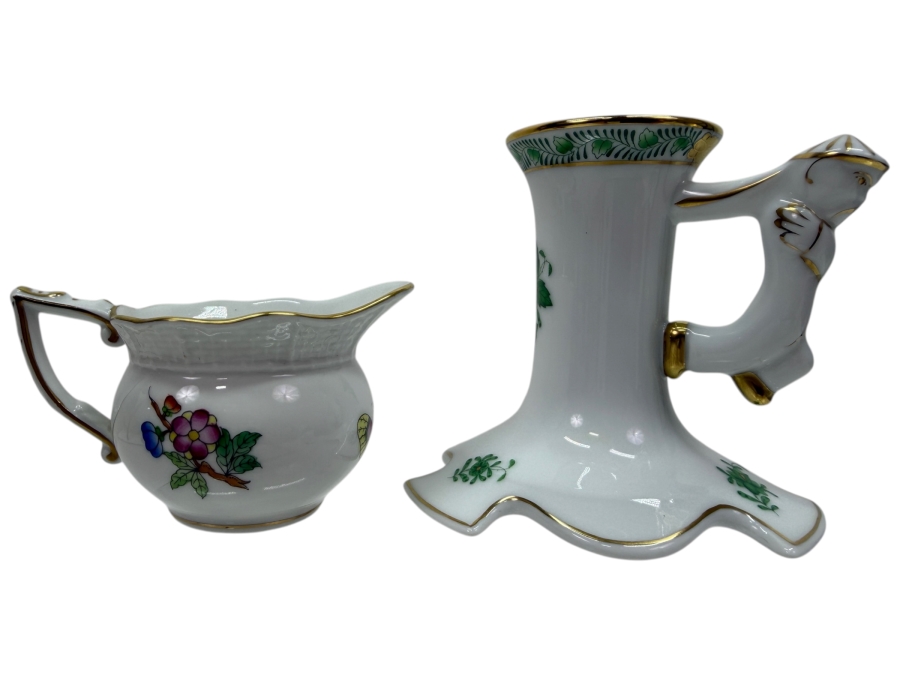 Herend Porcelain Hand-Painted Queen Victoria Mini Creamer And Apponyi Green Chinese Bouquet Trumpet Candlestick With Figural Handle 2'H - 3.5'H (RSF)