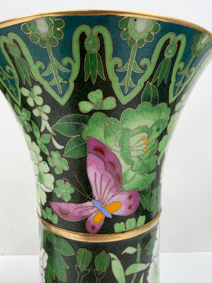 Vintage Chinese Emerald Green Cloisonne Enamel Beaker Vases With Butterfly And Floral Motifs On Wooden Stands 11.5'H (RSF) [Photo 3]