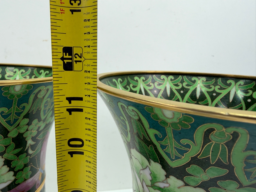 Vintage Chinese Emerald Green Cloisonne Enamel Beaker Vases With Butterfly And Floral Motifs On Wooden Stands 11.5'H (RSF) [Photo 10]