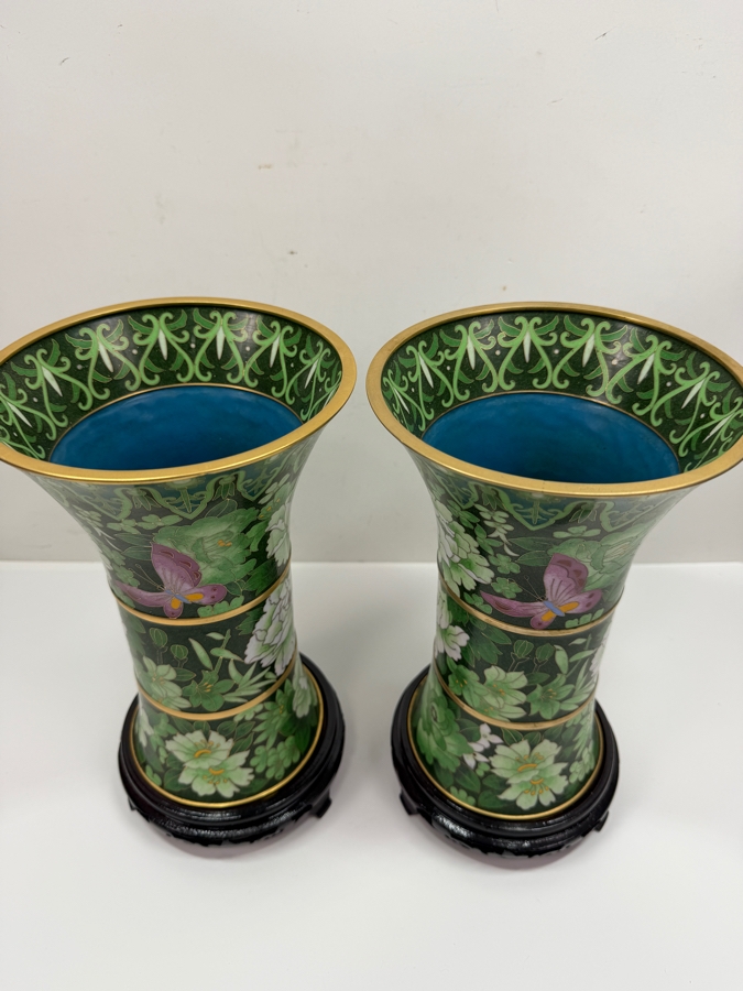 Vintage Chinese Emerald Green Cloisonne Enamel Beaker Vases With Butterfly And Floral Motifs On Wooden Stands 11.5'H (RSF) [Photo 5]