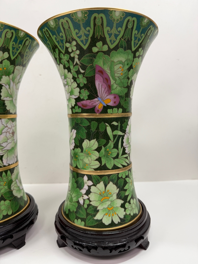 Vintage Chinese Emerald Green Cloisonne Enamel Beaker Vases With Butterfly And Floral Motifs On Wooden Stands 11.5'H (RSF) [Photo 2]