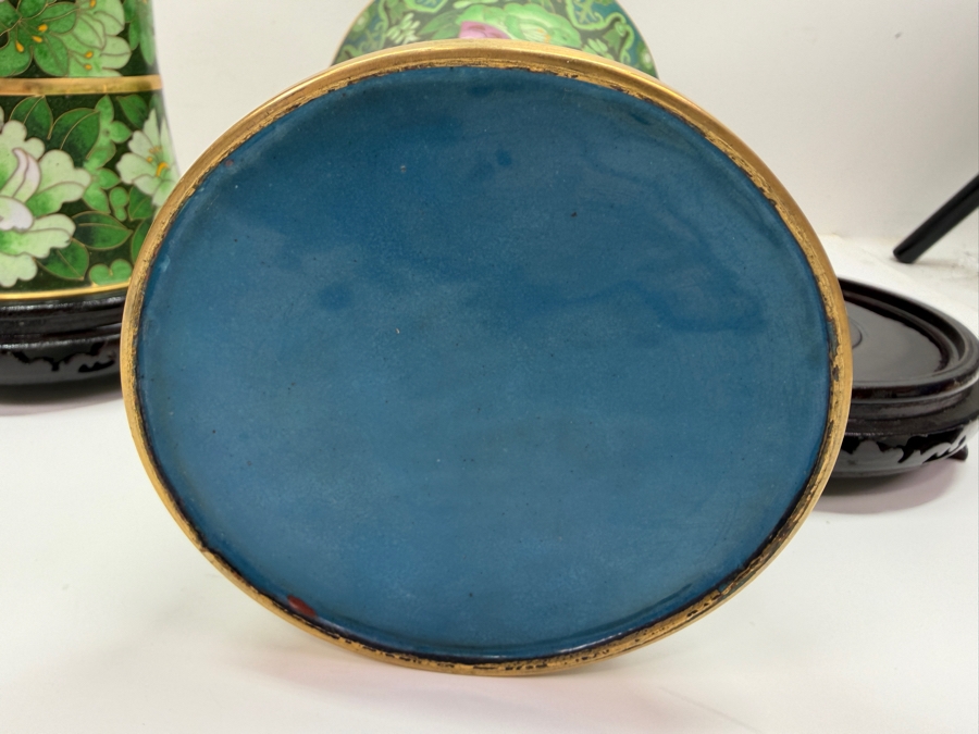 Vintage Chinese Emerald Green Cloisonne Enamel Beaker Vases With Butterfly And Floral Motifs On Wooden Stands 11.5'H (RSF) [Photo 9]