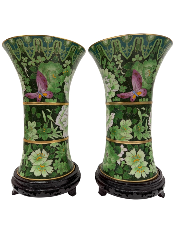 Vintage Chinese Emerald Green Cloisonne Enamel Beaker Vases With Butterfly And Floral Motifs On Wooden Stands 11.5'H (RSF)