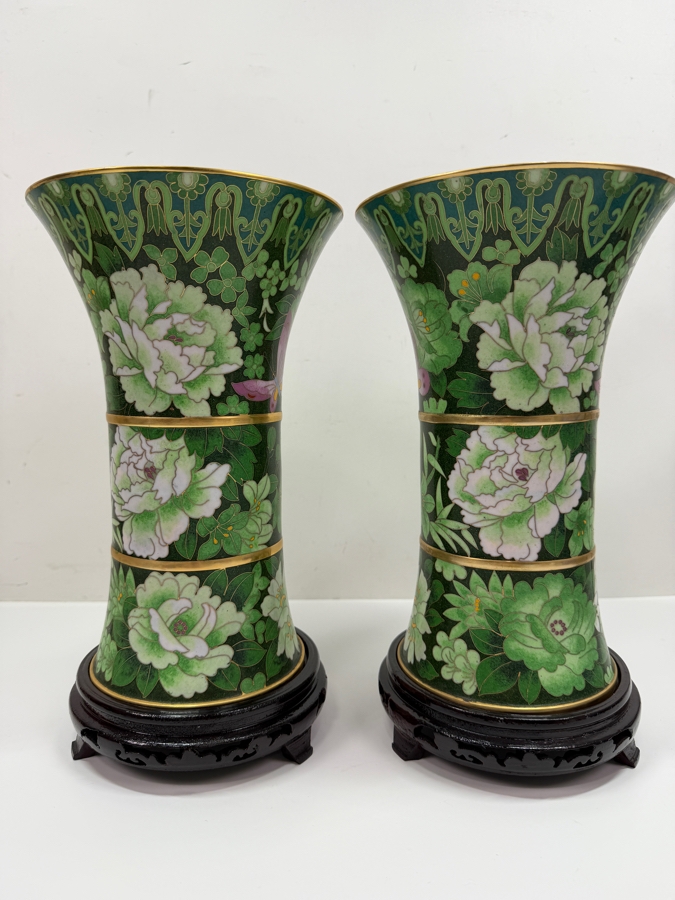 Vintage Chinese Emerald Green Cloisonne Enamel Beaker Vases With Butterfly And Floral Motifs On Wooden Stands 11.5'H (RSF) [Photo 6]