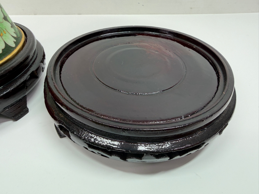 Vintage Chinese Emerald Green Cloisonne Enamel Beaker Vases With Butterfly And Floral Motifs On Wooden Stands 11.5'H (RSF) [Photo 8]