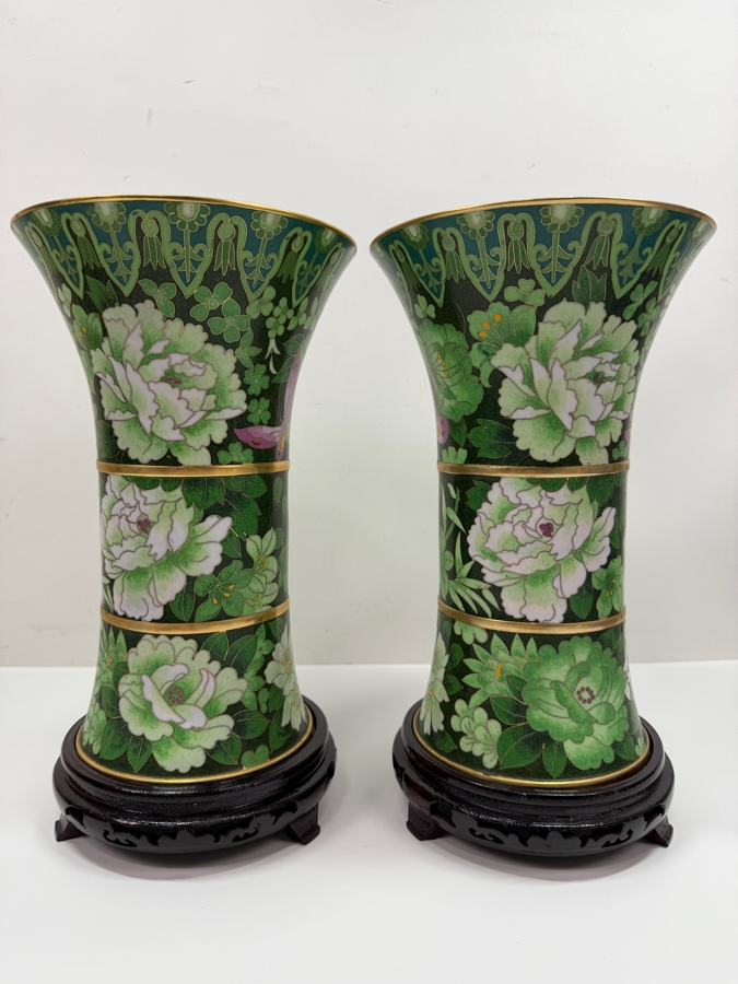Vintage Chinese Emerald Green Cloisonne Enamel Beaker Vases With Butterfly And Floral Motifs On Wooden Stands 11.5'H (RSF) [Photo 7]