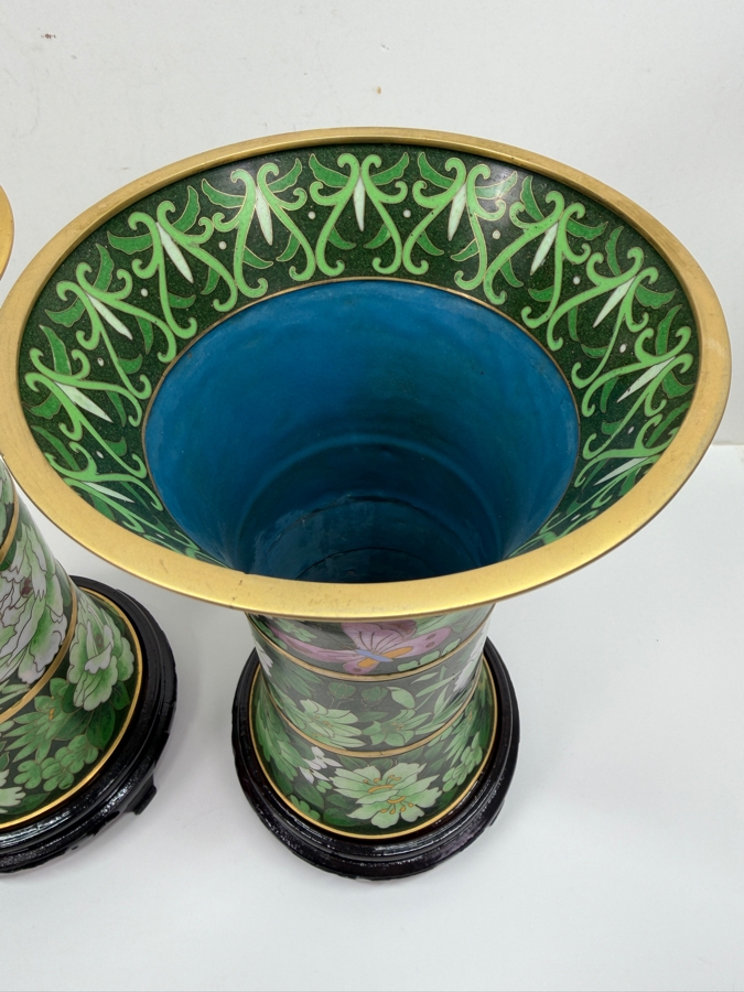 Vintage Chinese Emerald Green Cloisonne Enamel Beaker Vases With Butterfly And Floral Motifs On Wooden Stands 11.5'H (RSF) [Photo 4]
