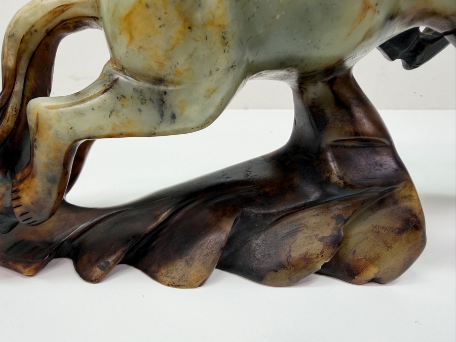 Pair Of Vintage Chinese Hand-Carved Natural Soapstone Fighting Stallion Horse Statues On Integrated Rock Bases 7'W X 2.5'D X 7'H (RSF) [Photo 7]