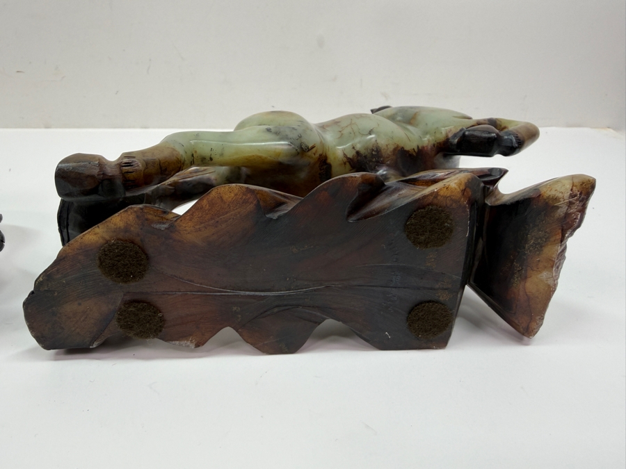 Pair Of Vintage Chinese Hand-Carved Natural Soapstone Fighting Stallion Horse Statues On Integrated Rock Bases 7'W X 2.5'D X 7'H (RSF) [Photo 13]