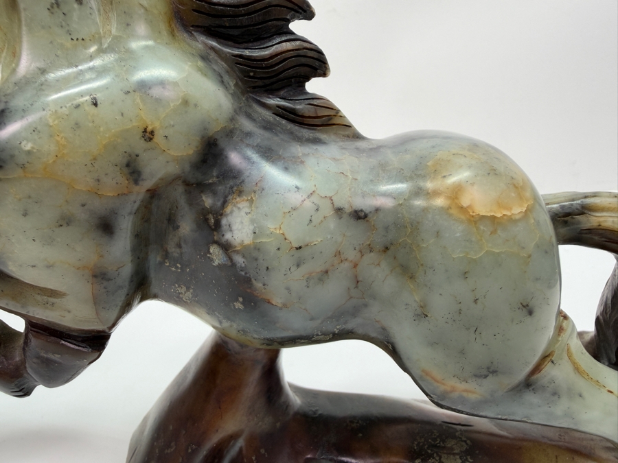 Pair Of Vintage Chinese Hand-Carved Natural Soapstone Fighting Stallion Horse Statues On Integrated Rock Bases 7'W X 2.5'D X 7'H (RSF) [Photo 3]