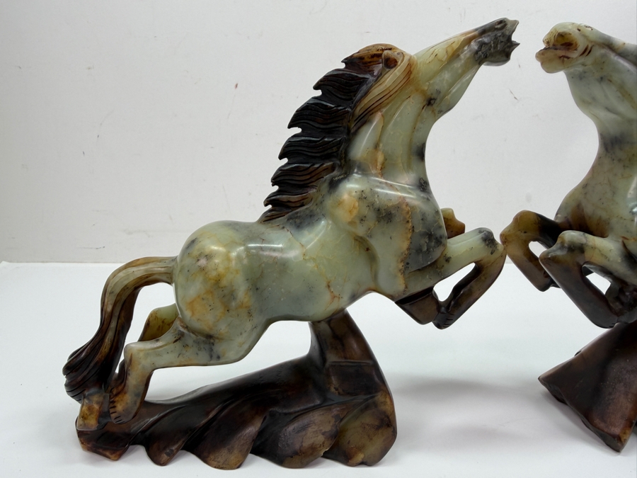 Pair Of Vintage Chinese Hand-Carved Natural Soapstone Fighting Stallion Horse Statues On Integrated Rock Bases 7'W X 2.5'D X 7'H (RSF) [Photo 5]