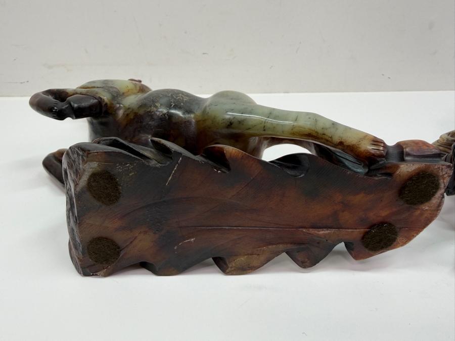 Pair Of Vintage Chinese Hand-Carved Natural Soapstone Fighting Stallion Horse Statues On Integrated Rock Bases 7'W X 2.5'D X 7'H (RSF) [Photo 12]