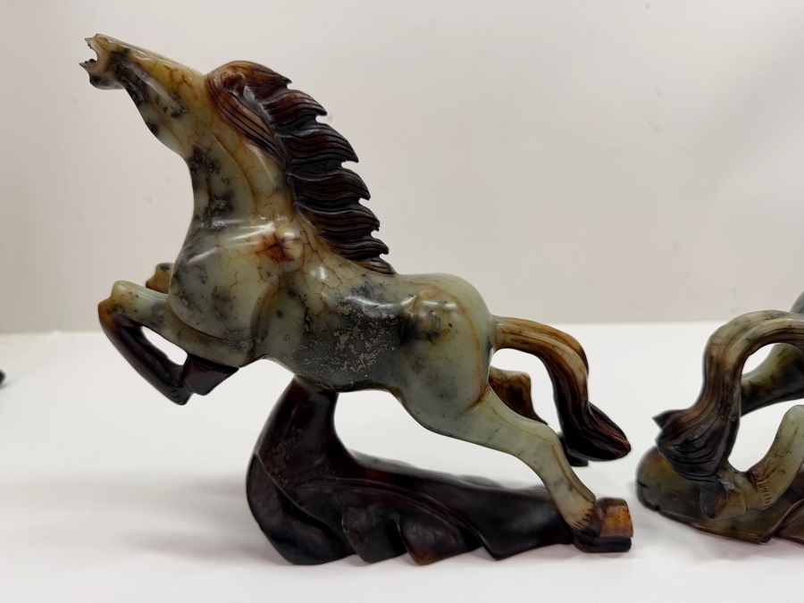 Pair Of Vintage Chinese Hand-Carved Natural Soapstone Fighting Stallion Horse Statues On Integrated Rock Bases 7'W X 2.5'D X 7'H (RSF) [Photo 10]