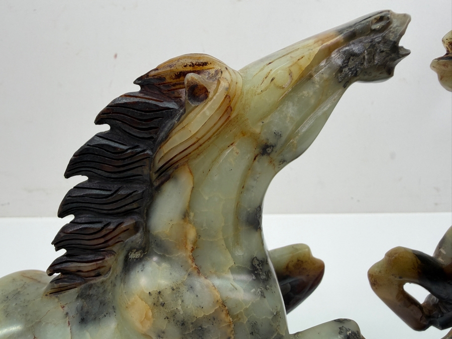 Pair Of Vintage Chinese Hand-Carved Natural Soapstone Fighting Stallion Horse Statues On Integrated Rock Bases 7'W X 2.5'D X 7'H (RSF) [Photo 6]