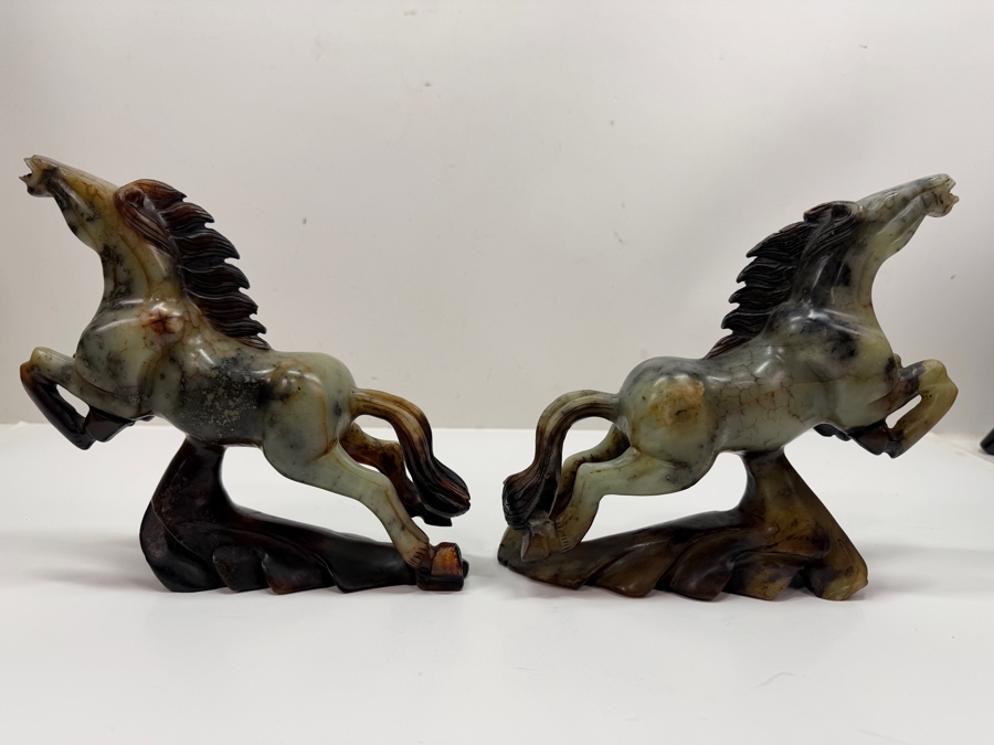 Pair Of Vintage Chinese Hand-Carved Natural Soapstone Fighting Stallion Horse Statues On Integrated Rock Bases 7'W X 2.5'D X 7'H (RSF) [Photo 9]