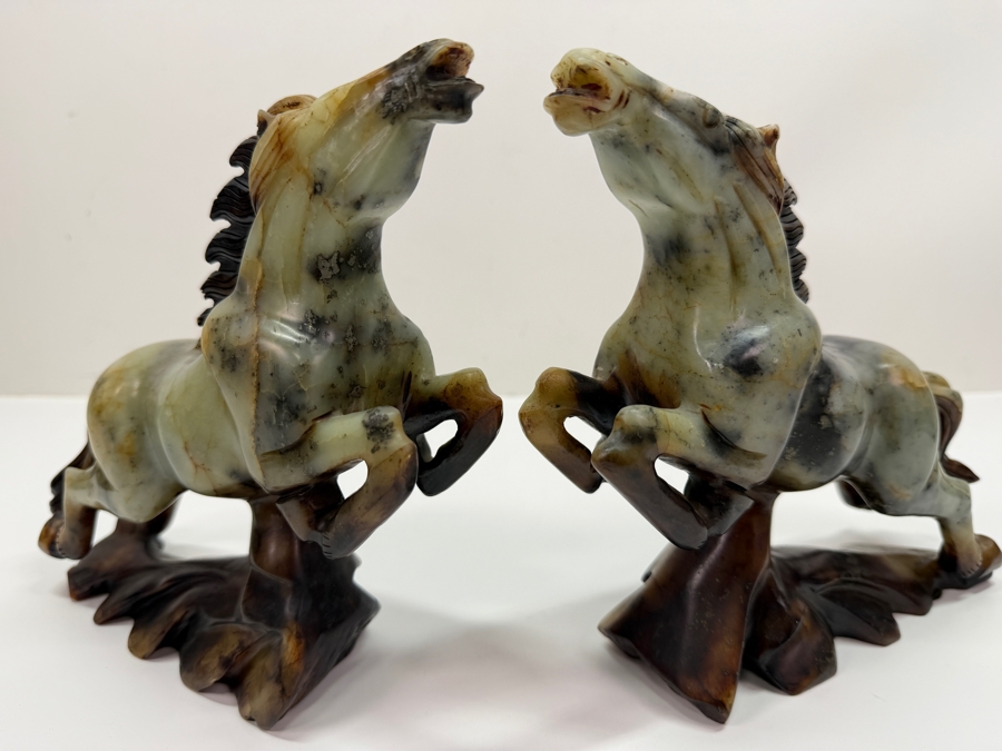 Pair Of Vintage Chinese Hand-Carved Natural Soapstone Fighting Stallion Horse Statues On Integrated Rock Bases 7'W X 2.5'D X 7'H (RSF) [Photo 8]