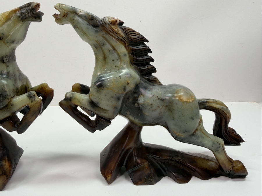 Pair Of Vintage Chinese Hand-Carved Natural Soapstone Fighting Stallion Horse Statues On Integrated Rock Bases 7'W X 2.5'D X 7'H (RSF) [Photo 2]