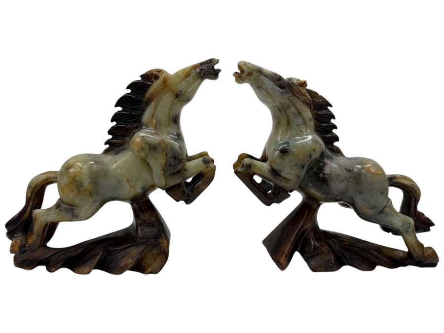 Pair Of Vintage Chinese Hand-Carved Natural Soapstone Fighting Stallion Horse Statues On Integrated Rock Bases 7'W X 2.5'D X 7'H (RSF)