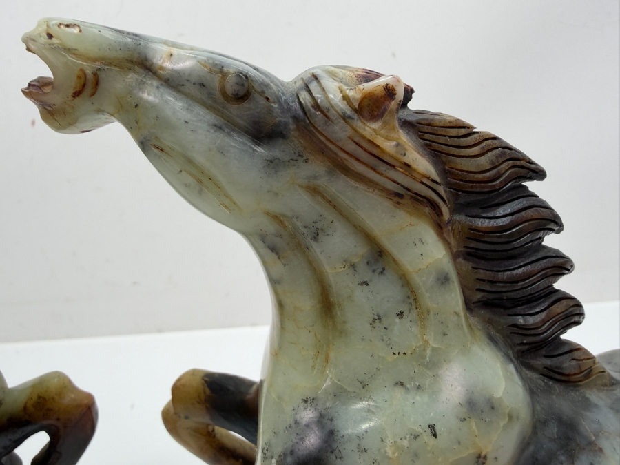 Pair Of Vintage Chinese Hand-Carved Natural Soapstone Fighting Stallion Horse Statues On Integrated Rock Bases 7'W X 2.5'D X 7'H (RSF) [Photo 4]