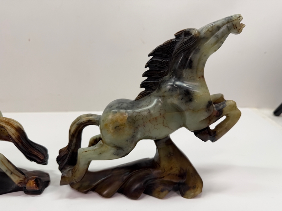 Pair Of Vintage Chinese Hand-Carved Natural Soapstone Fighting Stallion Horse Statues On Integrated Rock Bases 7'W X 2.5'D X 7'H (RSF) [Photo 11]