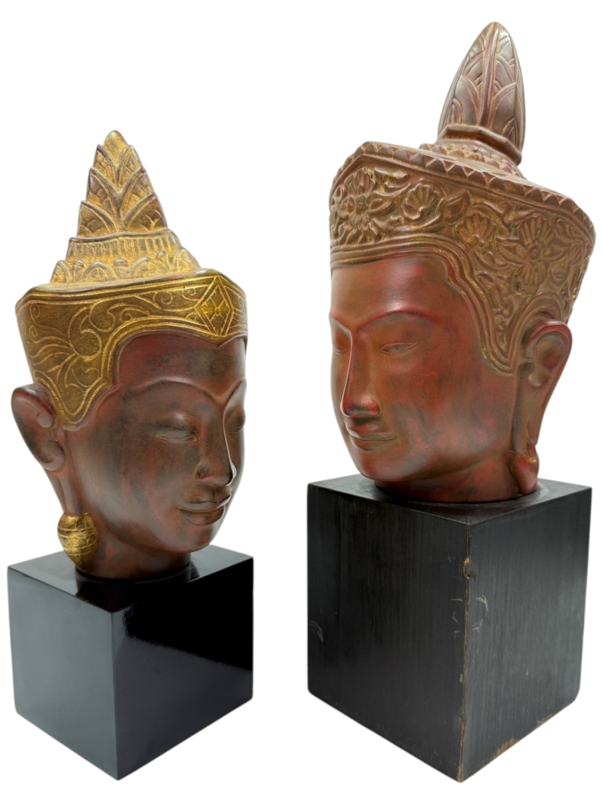Pair Of Artisans Angkor Handcrafted Cambodian Buddha Head Sculptures In The Traditional Khmer Style 12'H And 14'H (RSF)